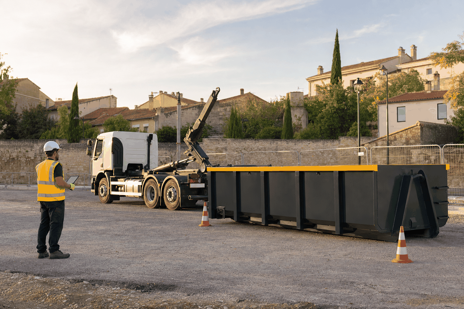 Livraison d'une benne sur un chantier en Occitanie