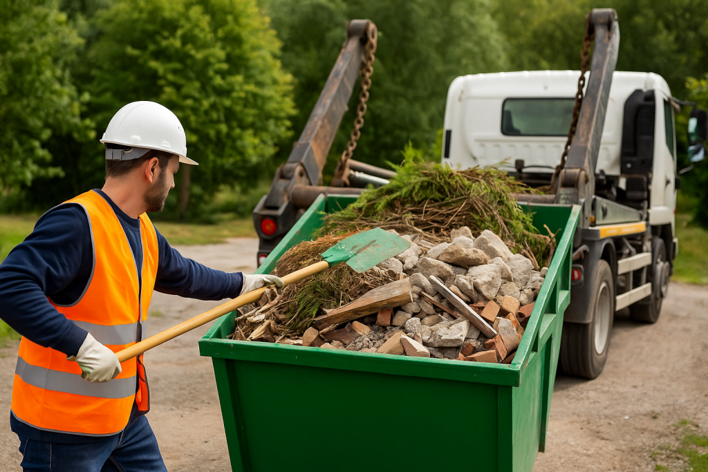Ouvrier évacuant des déchets de chantier dans une benne verte avec un camion à l’arrière, en Occitanie