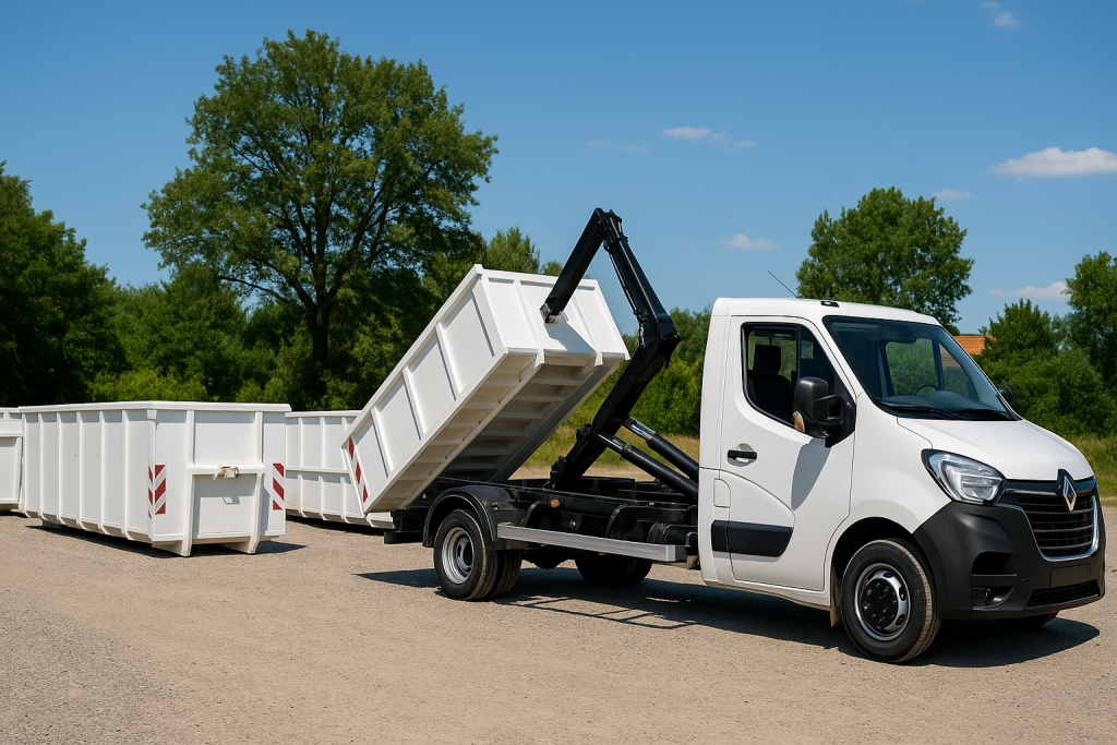 Plusieurs bennes blanches alignées, une camionnette-benne en train d’en charger une sur un site de location en Occitanie